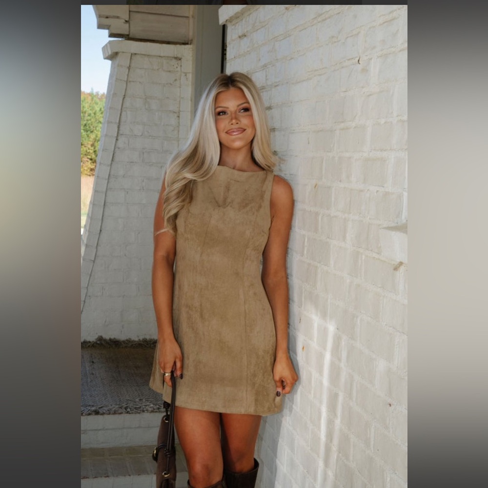 Chic Tan Suede Sleeveless Mini Dress